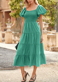 PRETTYGARDEN Women's Summer Casual Midi Dress Puffy Short Sleeve Square Neck Smocked Tiered Ruffle Dresses