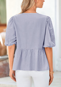 PRETTYGARDEN Women's Tie Front Striped Shirt Summer Trendy Fashion Cute Babydoll Tops Peplum Puffy Sleeve Blouse