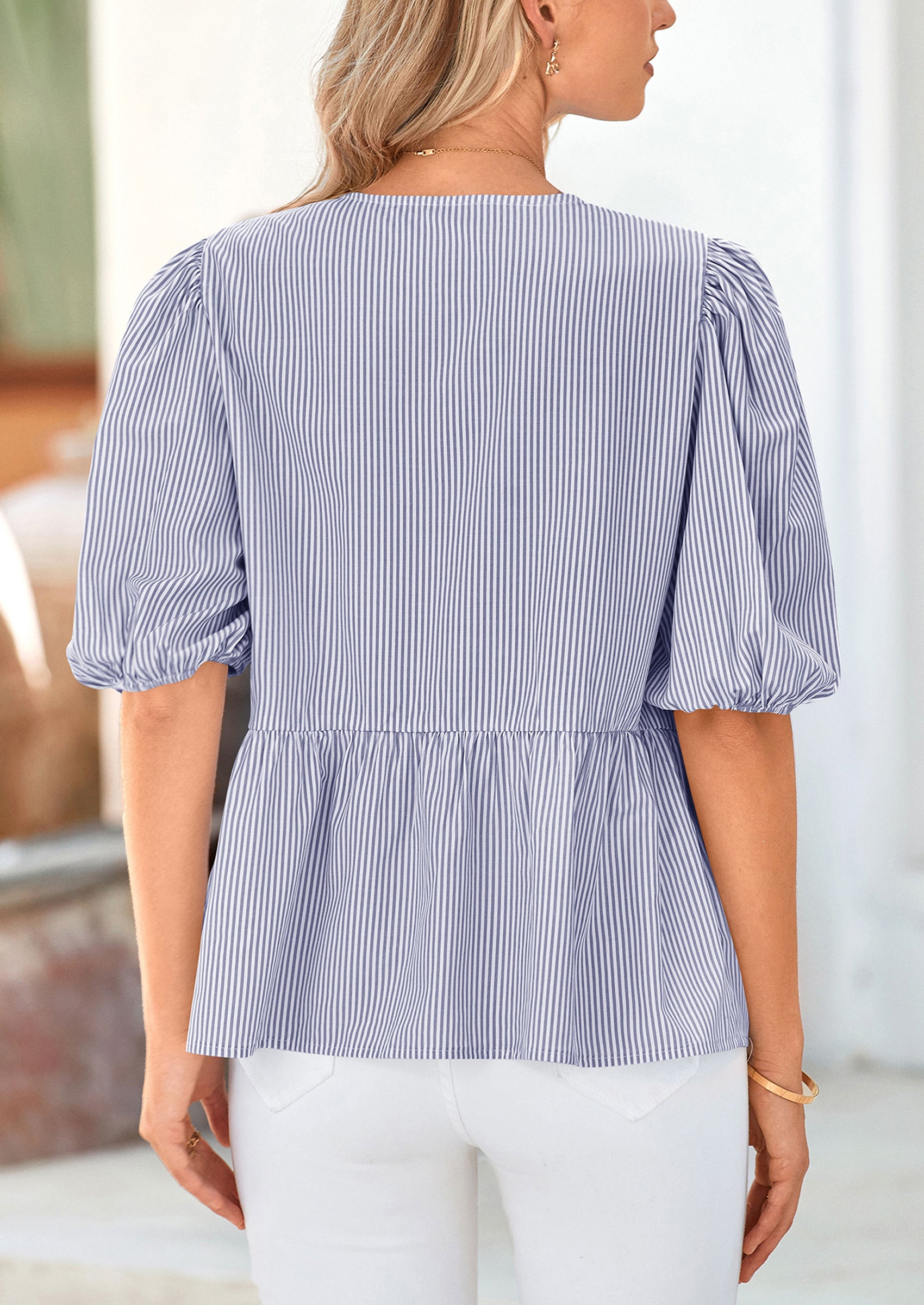 PRETTYGARDEN Women's Tie Front Striped Shirt Summer Trendy Fashion Cute Babydoll Tops Peplum Puffy Sleeve Blouse