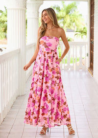 PRETTYGARDEN Womens Boho Maxi Dress Summer Floral Tube Strapless Spring Wedding Guest Cocktail Long Dresses