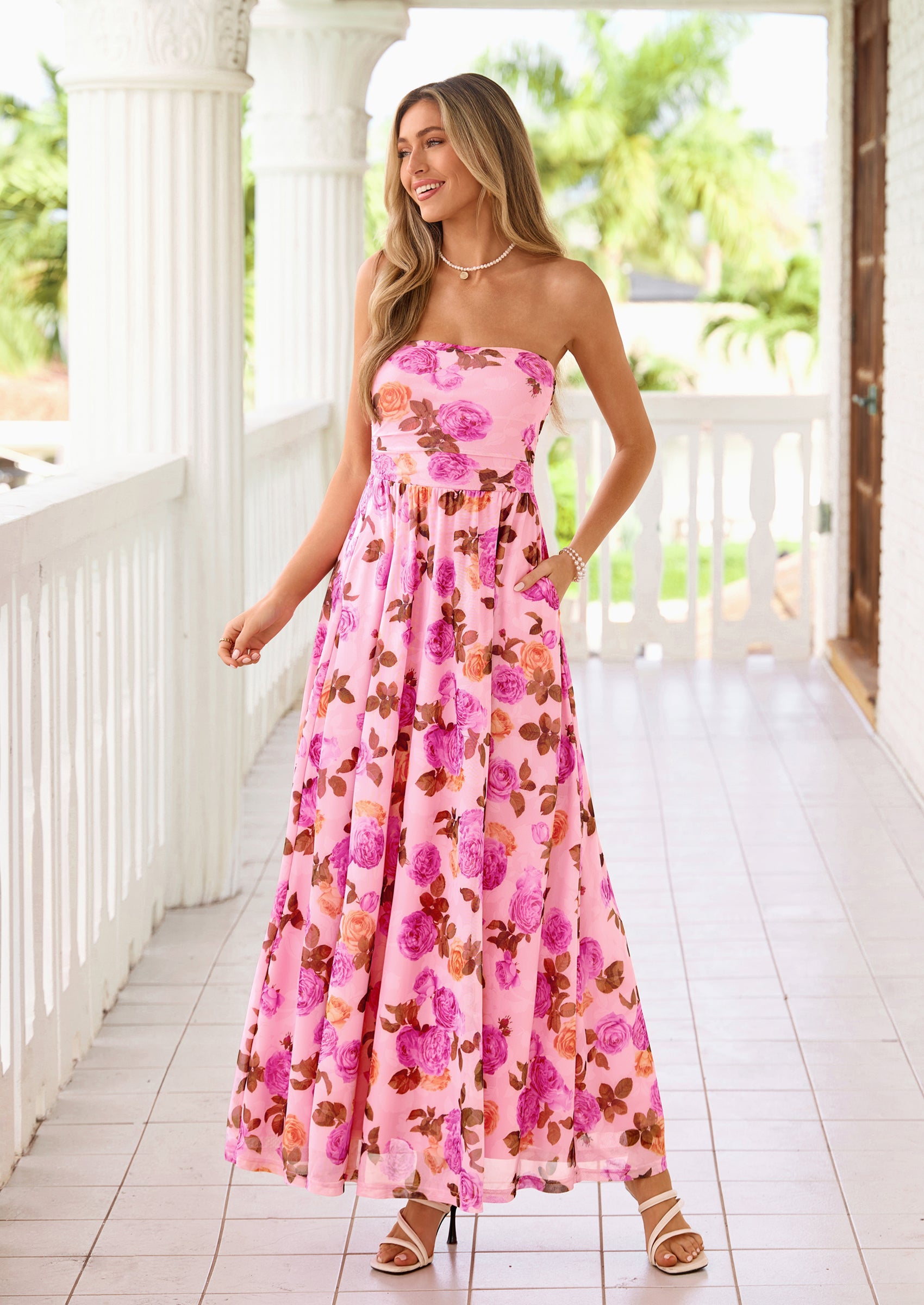 PRETTYGARDEN Womens Boho Maxi Dress Summer Floral Tube Strapless Spring Wedding Guest Cocktail Long Dresses