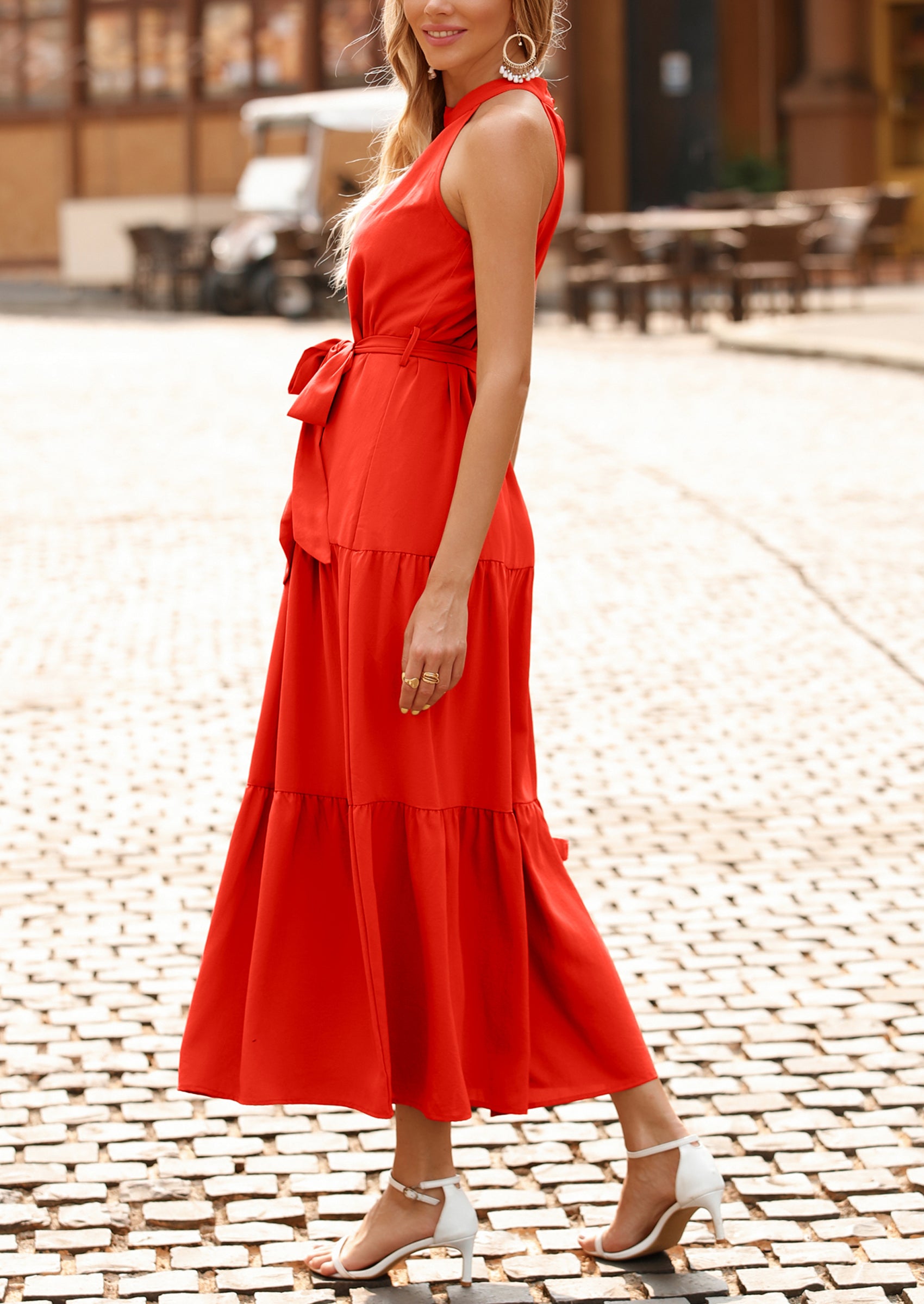 PRETTYGARDEN Women's Summer Floral Maxi Sun Dress Sleeveless Halter Neck Flowy Ruffle Hem Long Boho Dresses with Belt