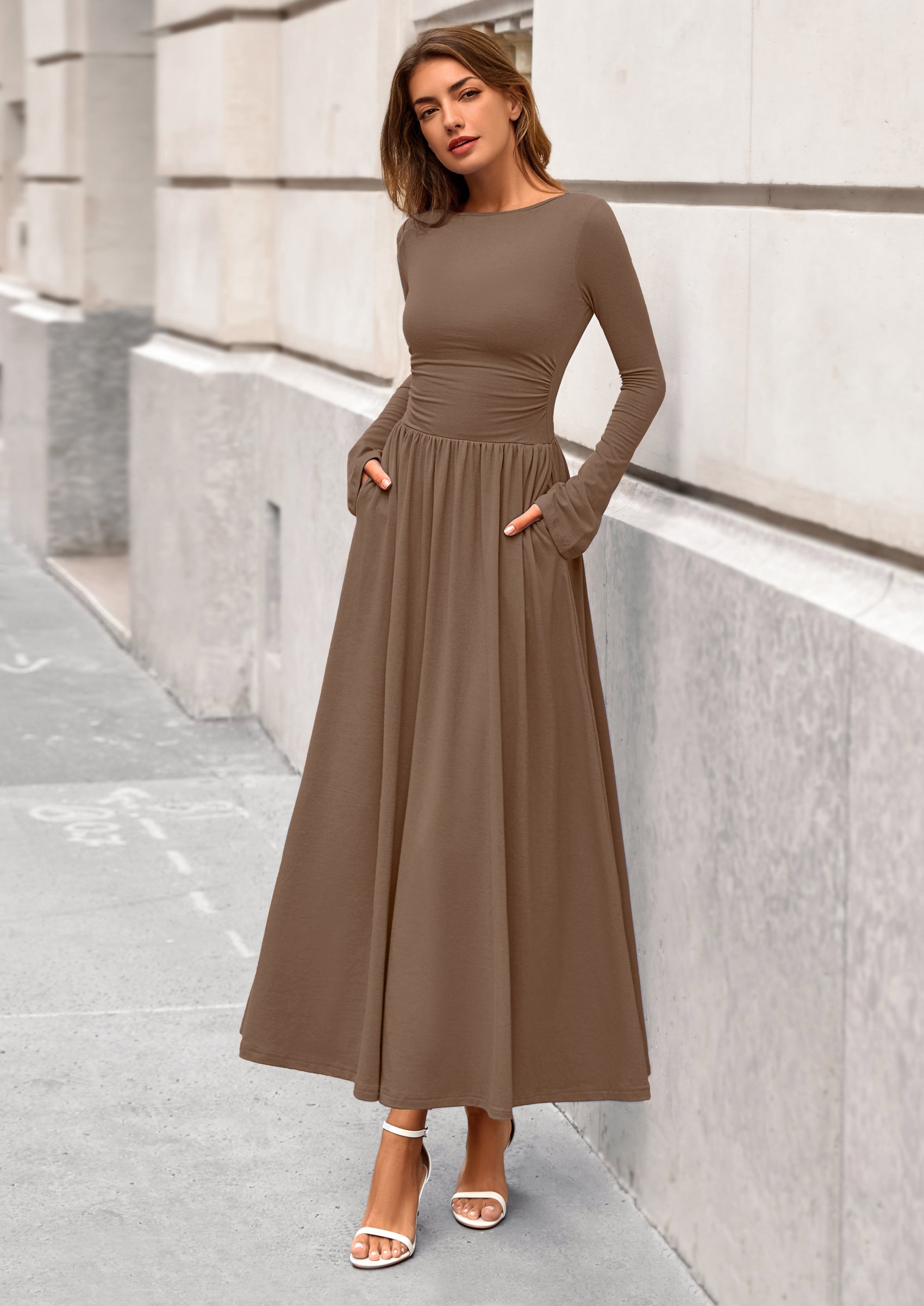 BTFBM Long Sleeve Maxi Dresses for Women Fall Casual Ruched Boat Neck Flowy Elegant Formal Wedding Guest Dress