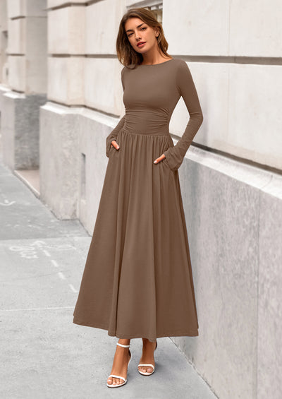 BTFBM Long Sleeve Maxi Dresses for Women Fall Casual Ruched Boat Neck Flowy Elegant Formal Wedding Guest Dress