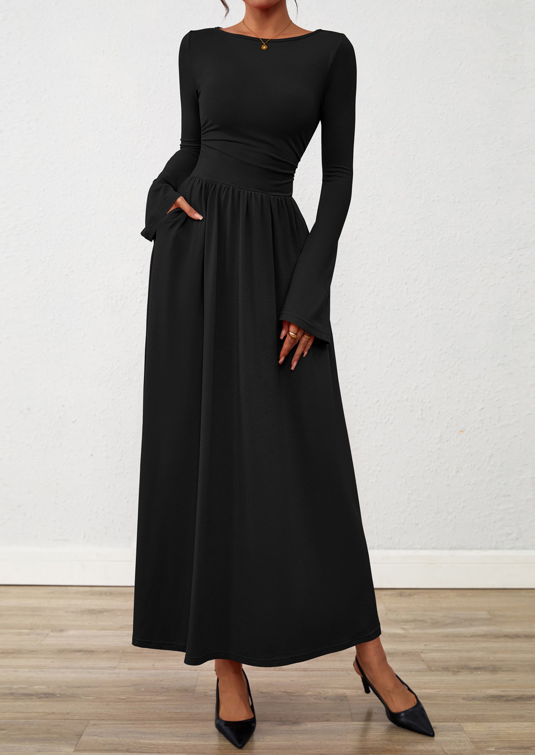BTFBM Long Sleeve Maxi Dresses for Women Fall Casual Ruched Boat Neck Flowy Elegant Formal Wedding Guest Dress