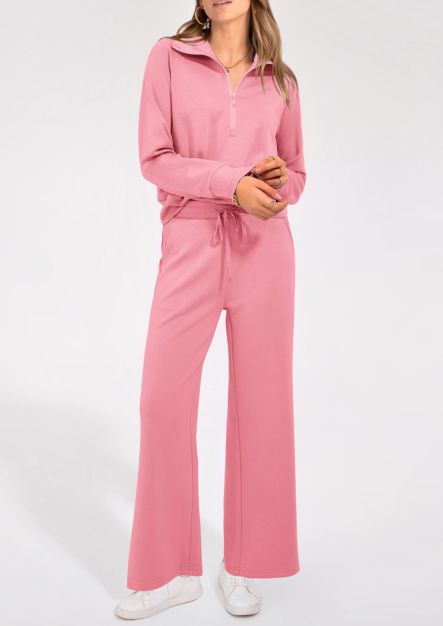 PRETTYGARDEN Women's 2 Piece Outfits Casual Lapel Half Zip Sweatshirts And Wide Leg Pants Tracksuit Sets