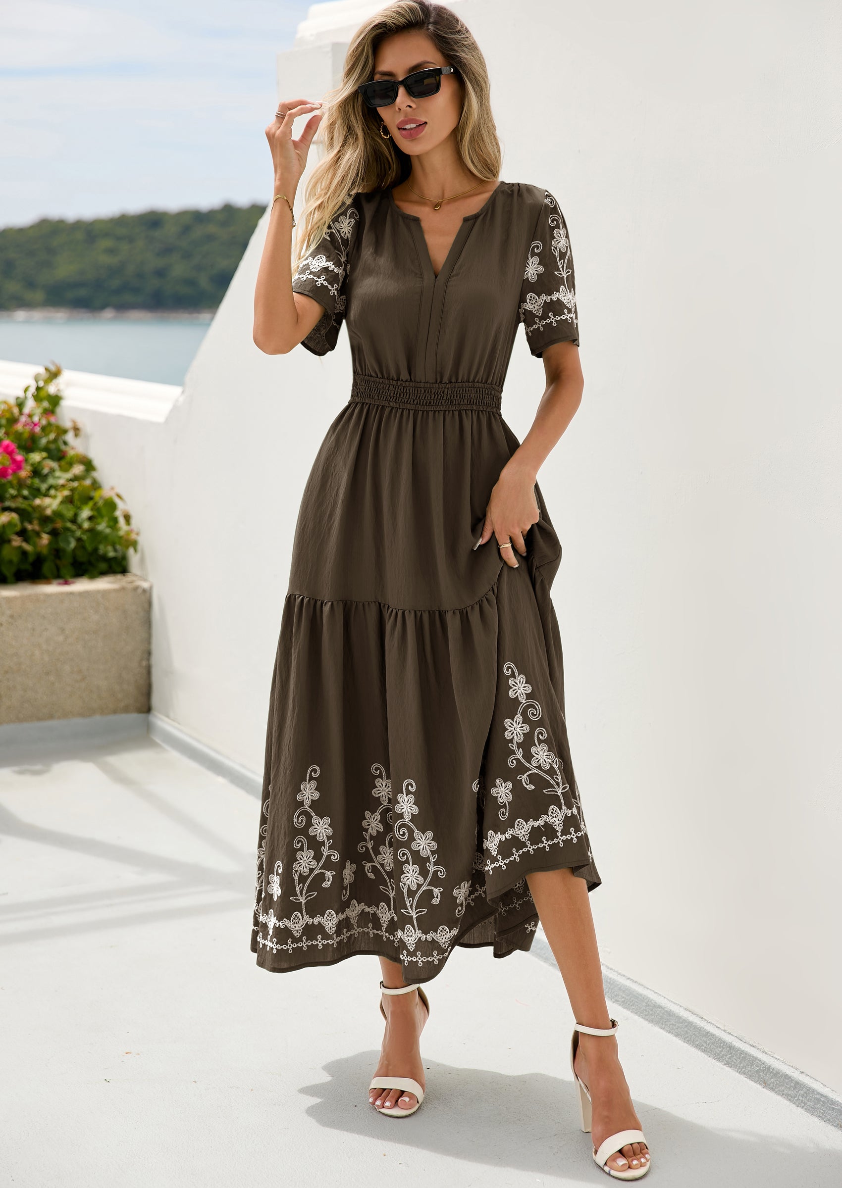 PRETTYGARDEN Women's Summer Boho Maxi Dress Spring Floral Short Sleeve V Neck A Line Flowy Beach Wedding Guest Dresses PRETTYGARDEN
