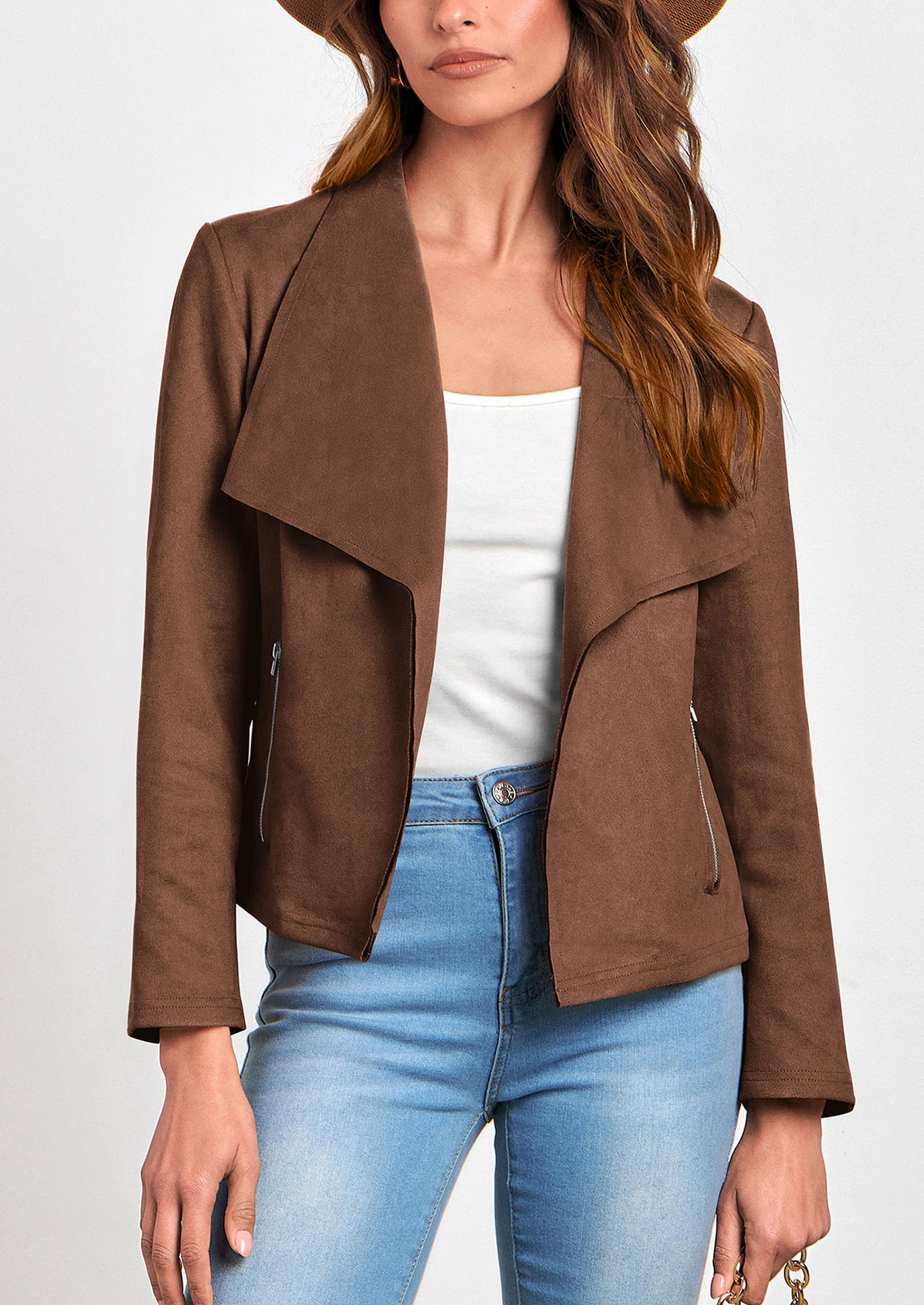 PRETTYGARDEN Women's Faux Suede Jackets Fashion Fall Clothes Long Sleeve Open Front Cropped Coat Outwear