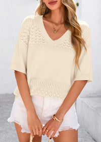 PRETTYGARDEN Women's Short Sleeve Sweater Tops Spring Summer Casual V Neck Ribbed Knit Trendy Eyelet Blouse T Shirts