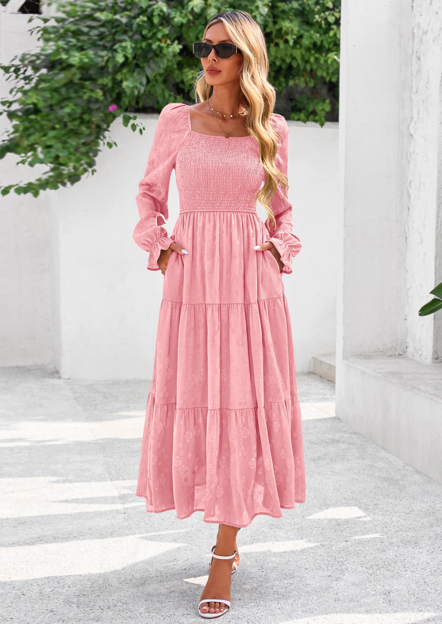 PRETTYGARDEN Fall Wedding Guest Dresses for Women Floral Long Sleeve Smocked Tiered Elegant Long Flowy Boho Dress