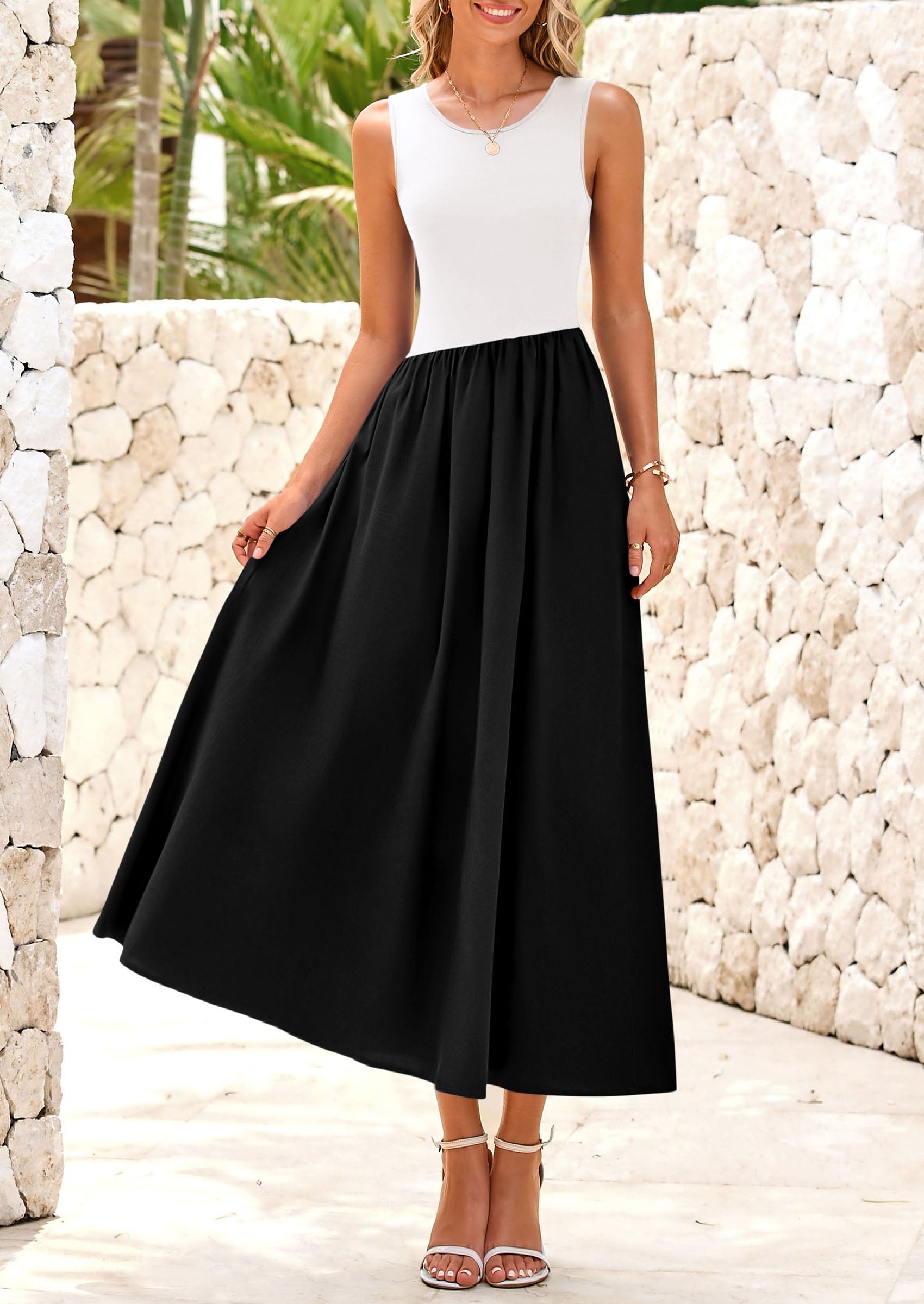 PRETTYGARDEN Women's Maxi Sundress Casual Summer Sleeveless Asymmetrical Drop Waist Patchwork Long Flowy Tank Dresses