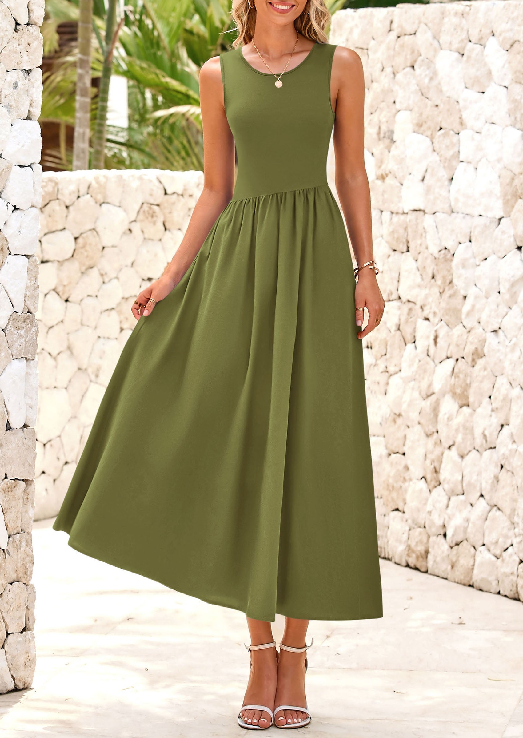 PRETTYGARDEN Women's Maxi Sundress Casual Summer Sleeveless Asymmetrical Drop Waist Patchwork Long Flowy Tank Dresses