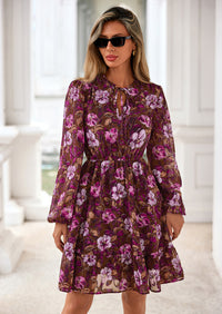 PRETTYGARDEN Women's Fall Boho Dresses Floral Long Sleeve V Neck Mini Flowy Wedding Guest Dress Trendy Vacation Outfits