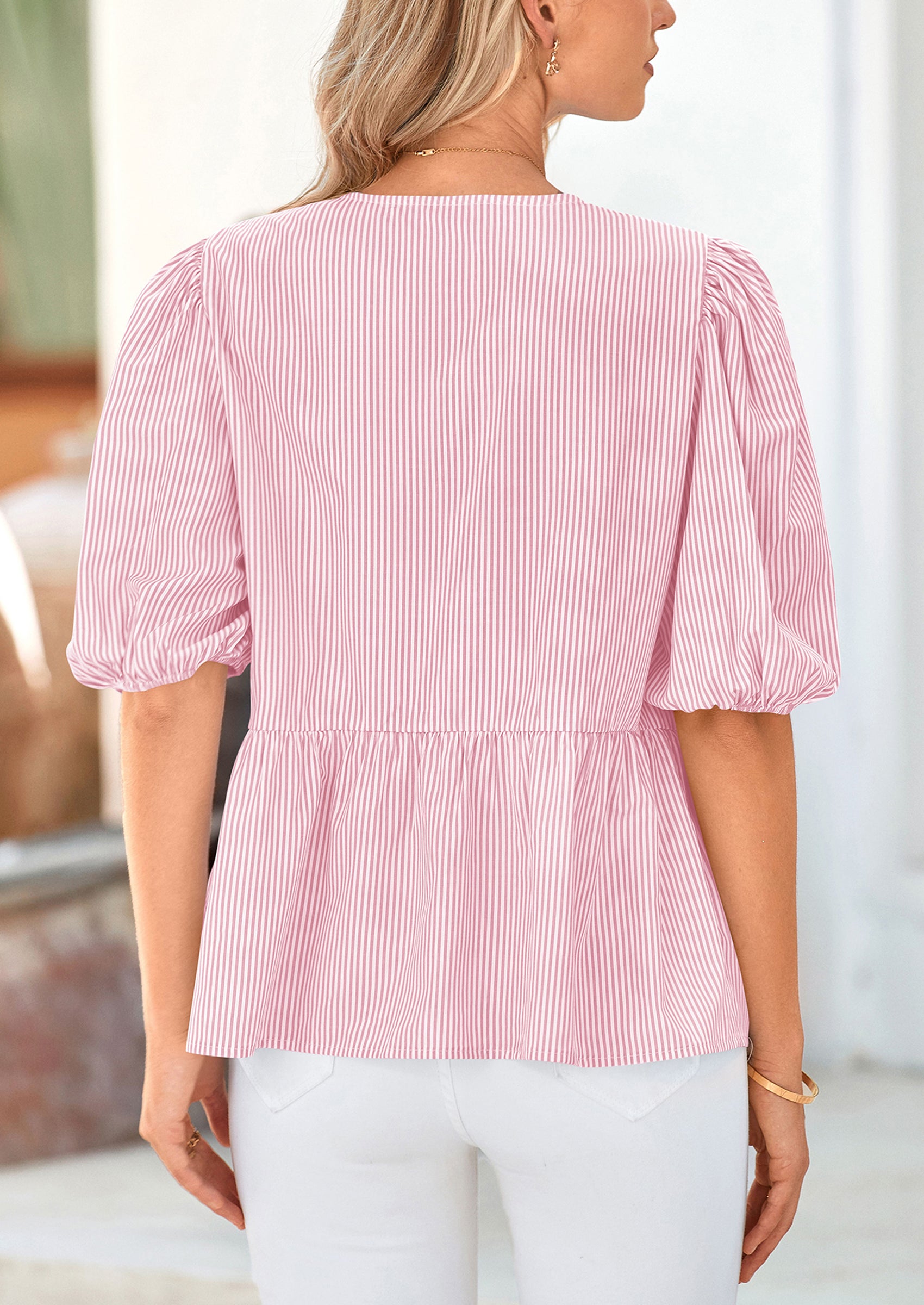 PRETTYGARDEN Women's Tie Front Striped Shirt Summer Trendy Fashion Cute Babydoll Tops Peplum Puffy Sleeve Blouse