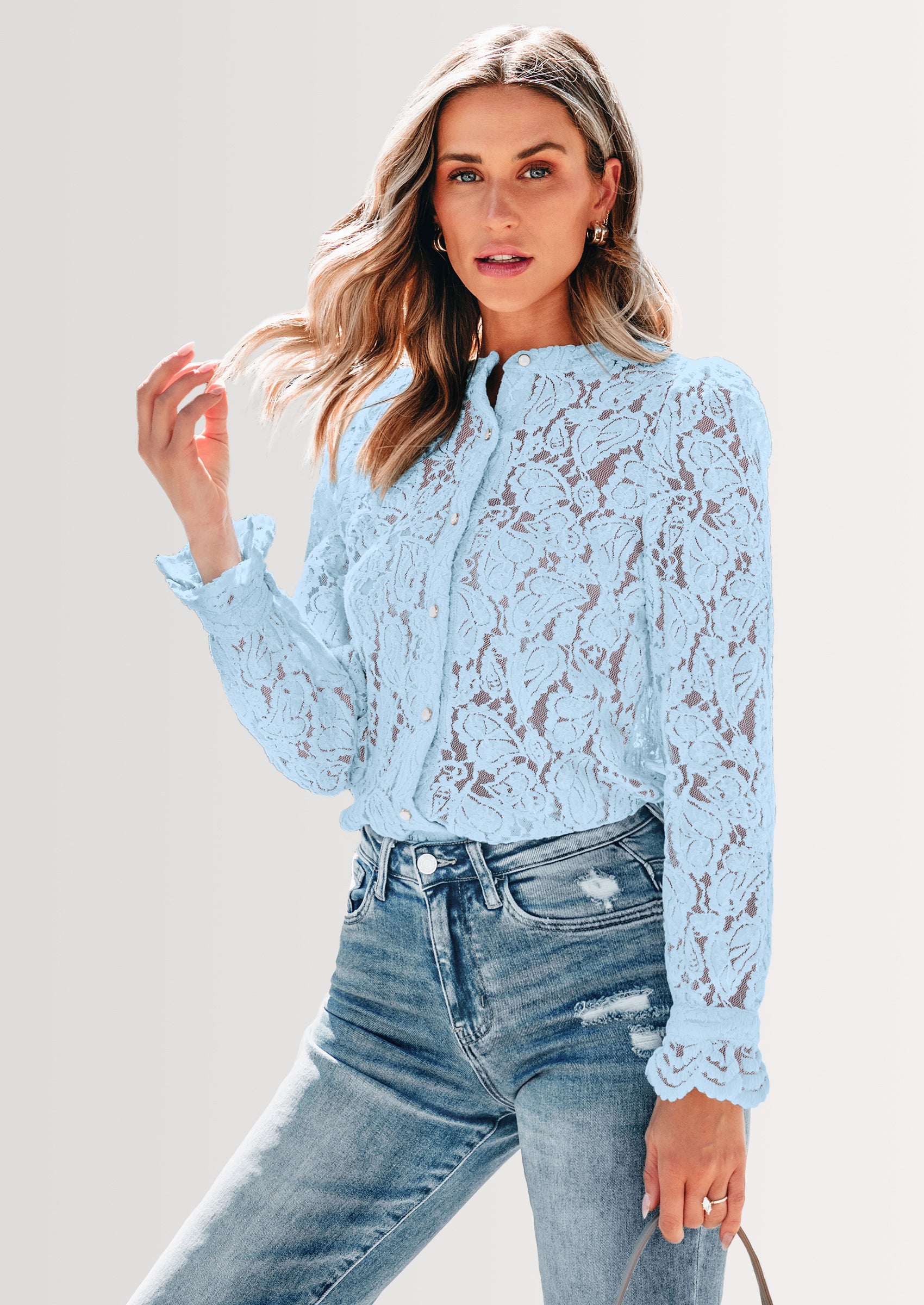 PRETTYGARDEN Women's Dressy Casual Lace Blouse Long Sleeve Button Up Shirts Tops Spring Fall Fashion Clothes