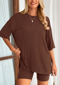 PRETTYGARDEN Women's Two Piece Lounge Set Summer Casual Oversized Shirts Biker Shorts Matching Airport Travel Outfit