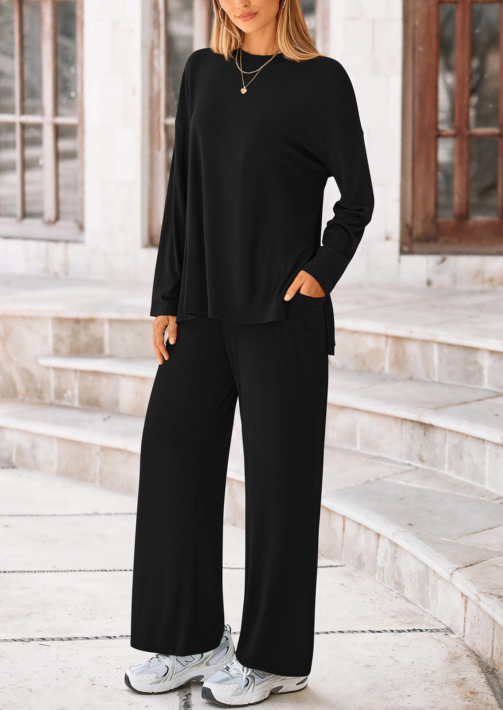 PRETTYGARDEN Women's Two Piece Lounge Sets Matching Long Sleeve Shirts Wide Leg Pants Tracksuits Travel Outfits Fall Clothes