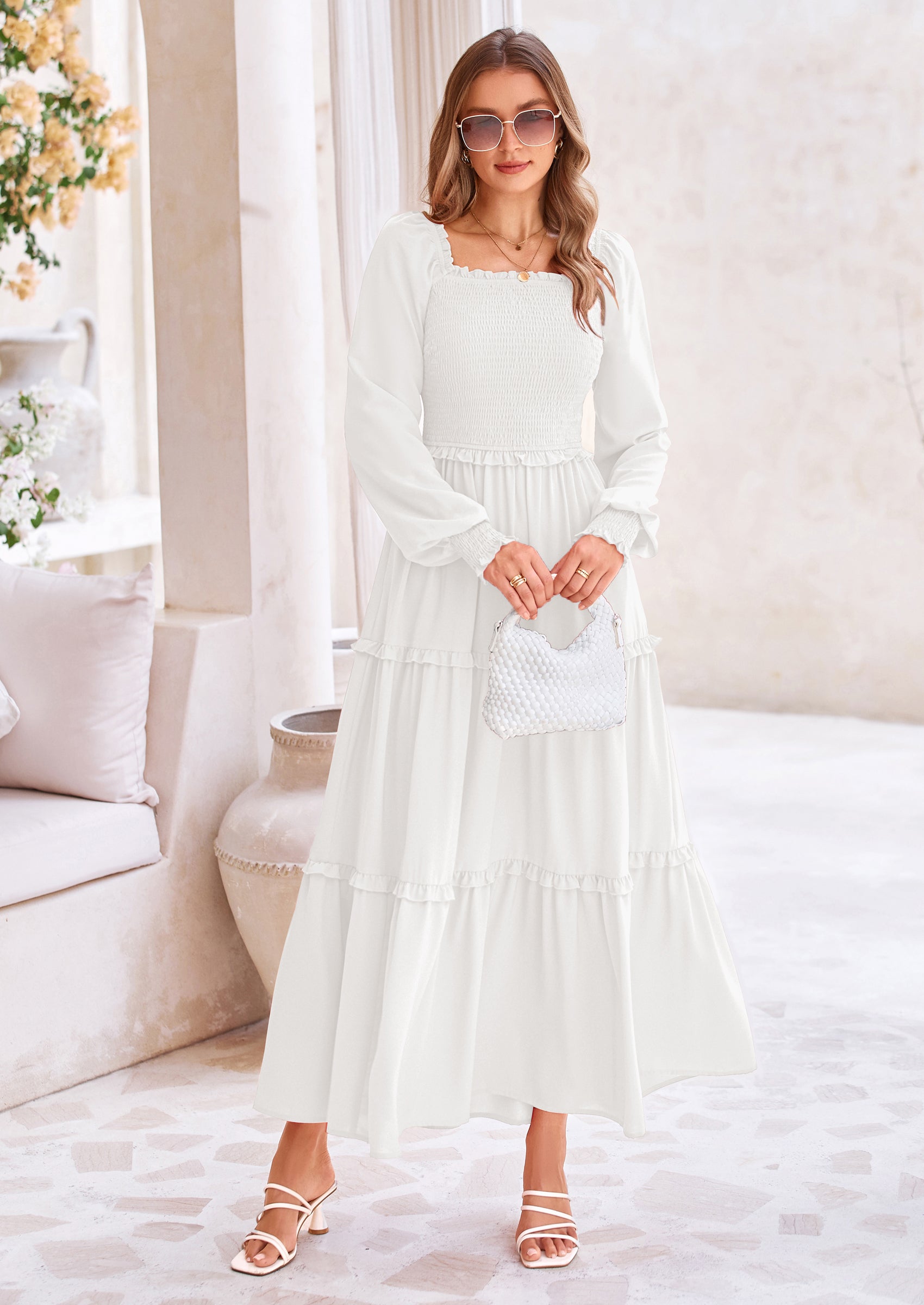 PRETTYGARDEN Fall Wedding Guest Dresses for Women Long Sleeve Square Neck Tiered A Line Modest Elegant Flowy Dresses