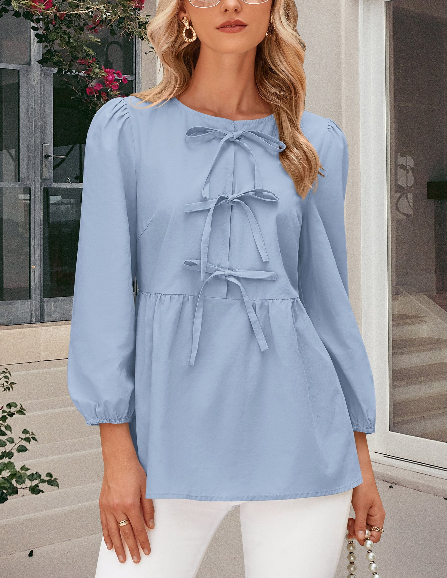 Women's Babydoll Tops 2025 Spring Trendy 3/4 Length Puff Sleeve Bow Tie Front Cute Peplum Blouses Shirts