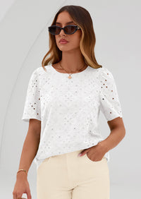 PRETTYGARDEN Women's Puff Short Sleeve Eyelet Shirts Summer Lace Blouses Dressy Casual Work Tops Spring Teacher Clothes PRETTYGARDEN
