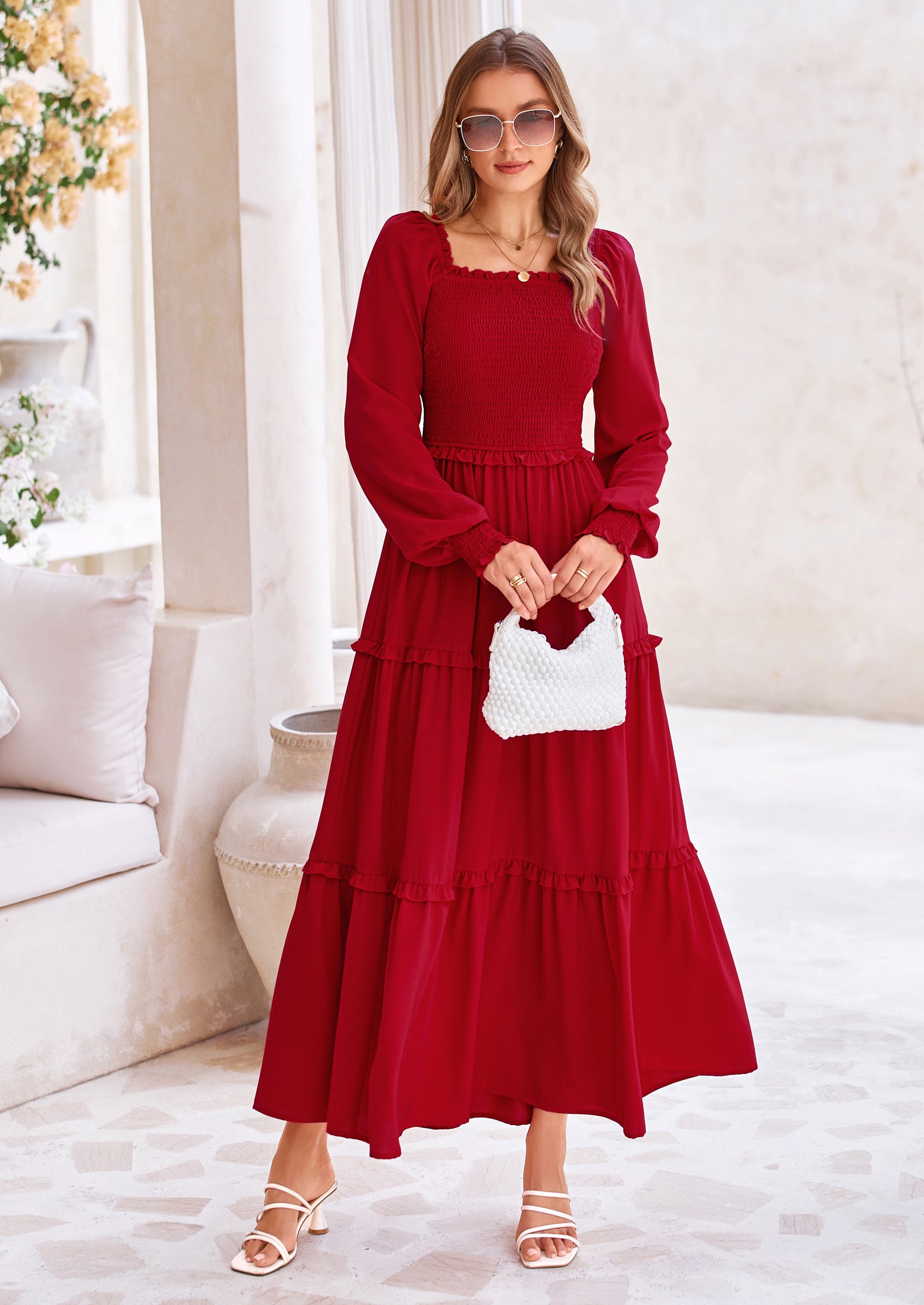 PRETTYGARDEN Fall Wedding Guest Dresses for Women Long Sleeve Square Neck Tiered A Line Modest Elegant Flowy Dresses
