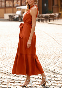 PRETTYGARDEN Women's Summer Floral Maxi Sun Dress Sleeveless Halter Neck Flowy Ruffle Hem Long Boho Dresses with Belt