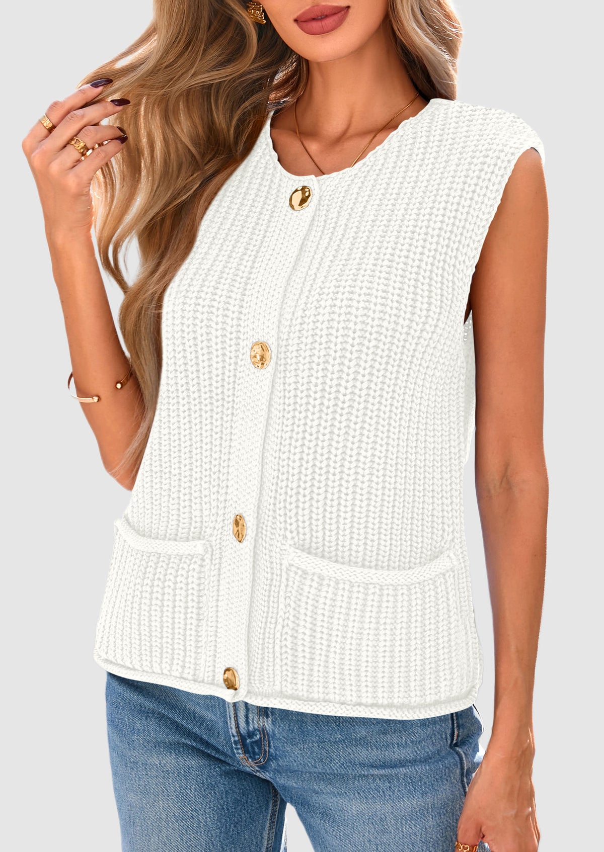 Sleeveless Button Down Cropped Chunky Knit Cardigan Trendy Tank Tops with Pockets