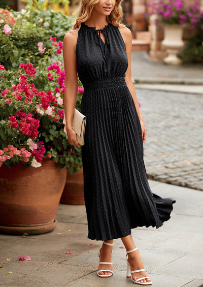 PRETTYGARDEN Women's Midi Summer Dresses Casual V Neck Swiss Dot Ruffle Sleeveless A Line Beach Sun Dress