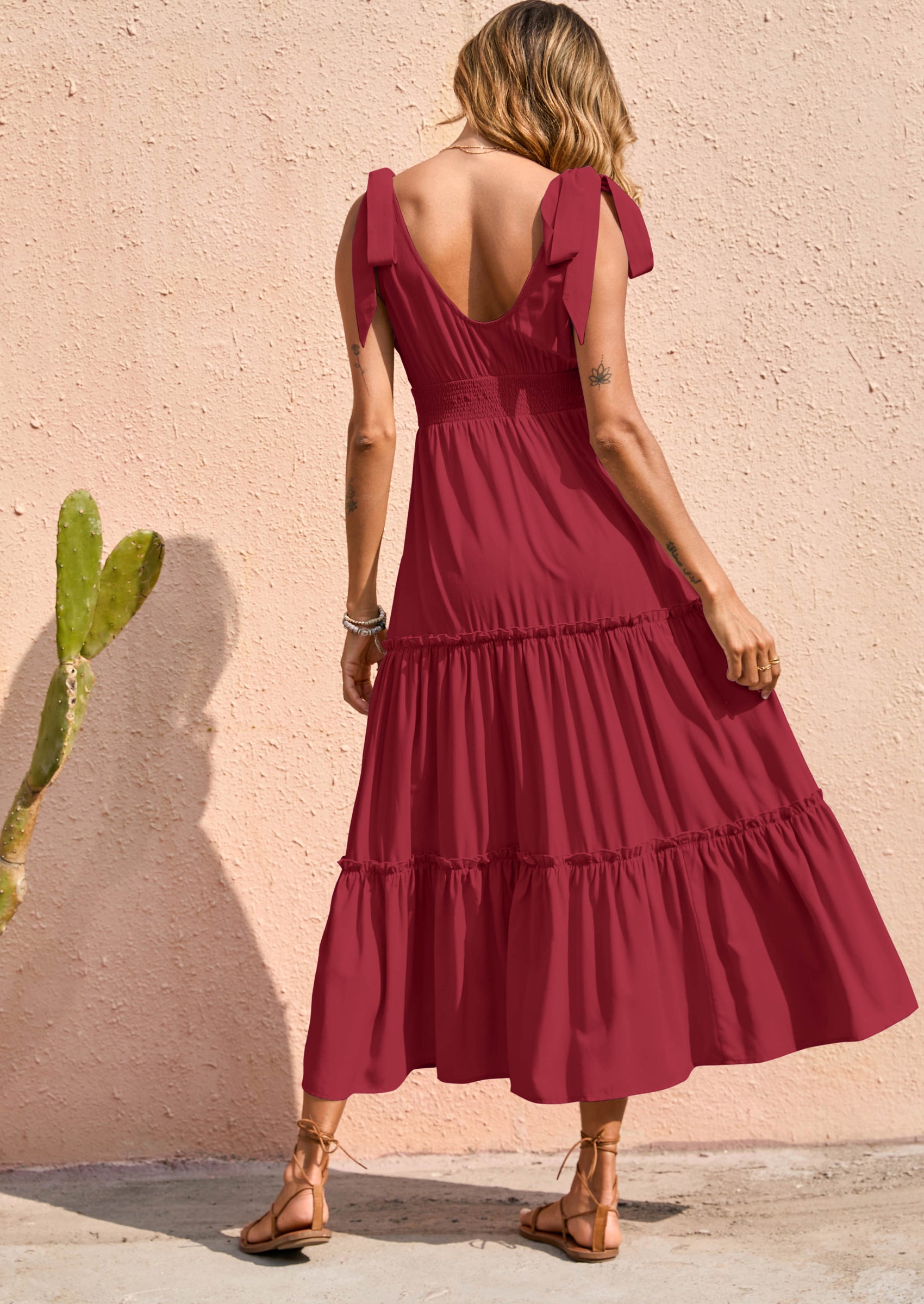 PRETTYGARDEN Women's Cross Neck Spring Sleeveless Tiered Maxi Dress Beach Tie Strap Smocked Long Dresses Pleated Sundress