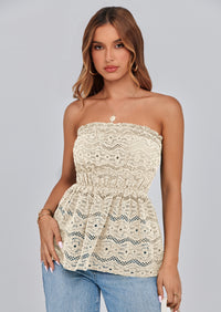 PRETTYGARDEN Tube Tops for Women Summer Strapless Off Shoulder Eyelet Smocked Peplum Trendy Going Out Boho Top