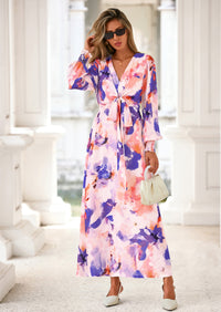 PRETTYGARDEN Women's Fall Boho Maxi Dress Floral Long Sleeve V Neck Flowy Belted Elegant Holiday Party Dresses