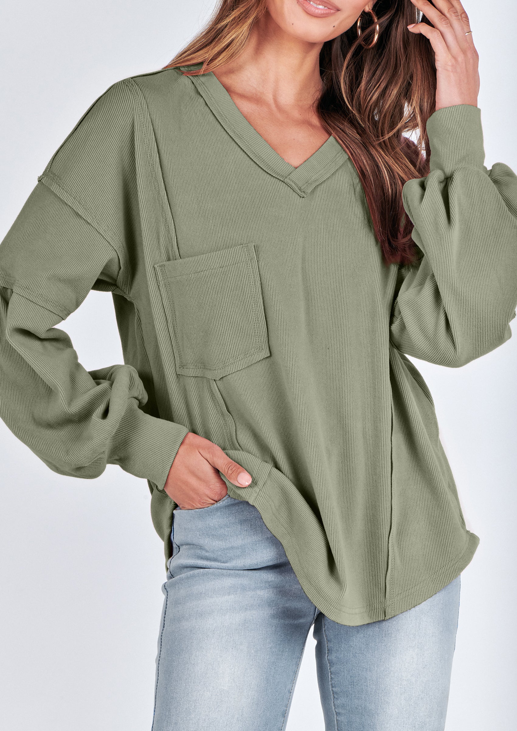 BTFBM Women's Ribbed Long Sleeve Tops Summer Spring Pullover Knit Casual V Neck Blouses Trendy Loose Fit Tunic Top