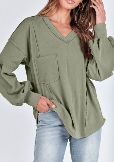BTFBM Women's Ribbed Long Sleeve Tops Summer Spring Pullover Knit Casual V Neck Blouses Trendy Loose Fit Tunic Top