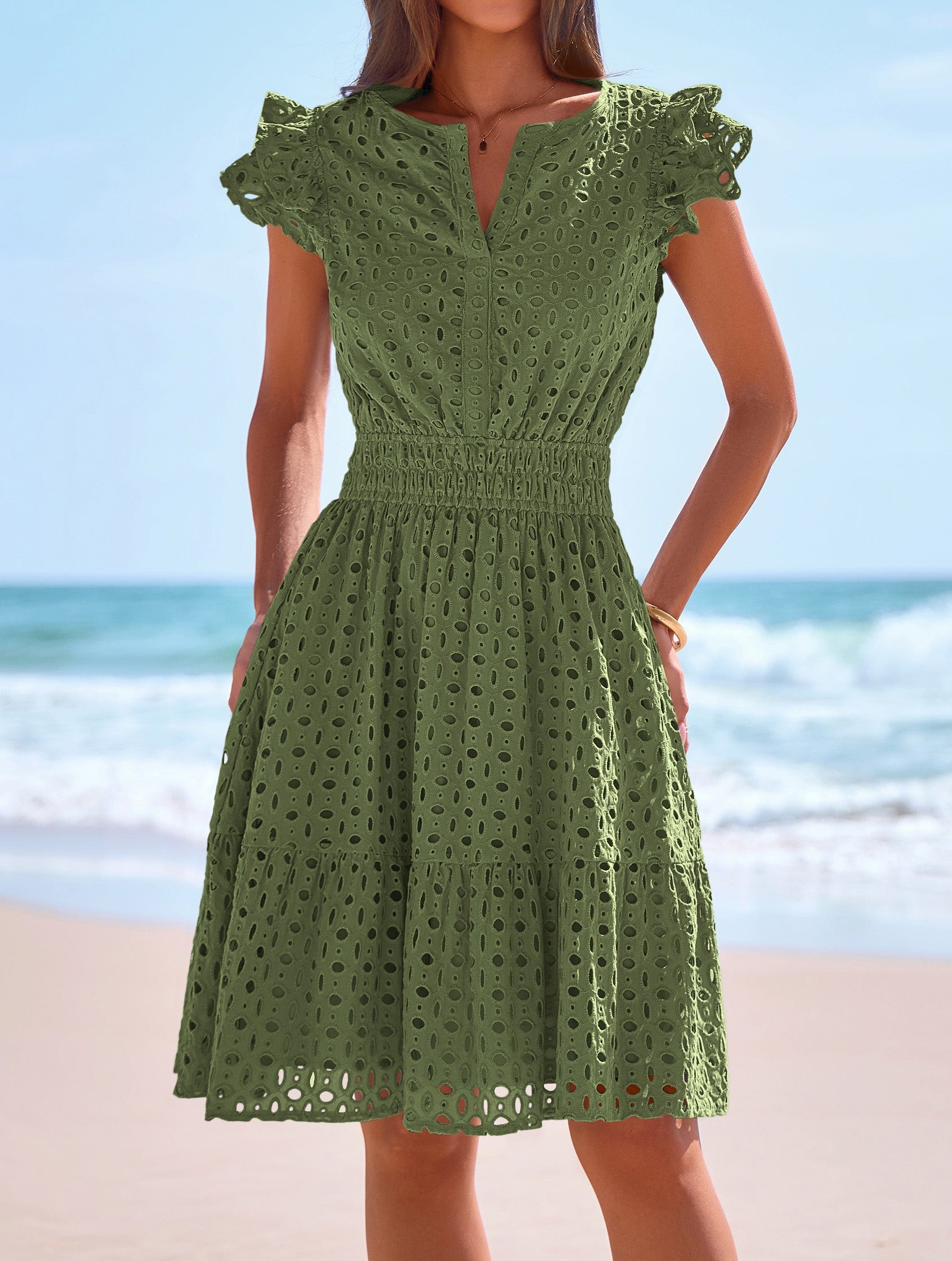 PRETTYGARDEN Women's Summer Sundresses Eyelet Cap Sleeve V Neck Short Boho Wedding Guest Dress Beach Vacation Clothes PRETTYGARDEN