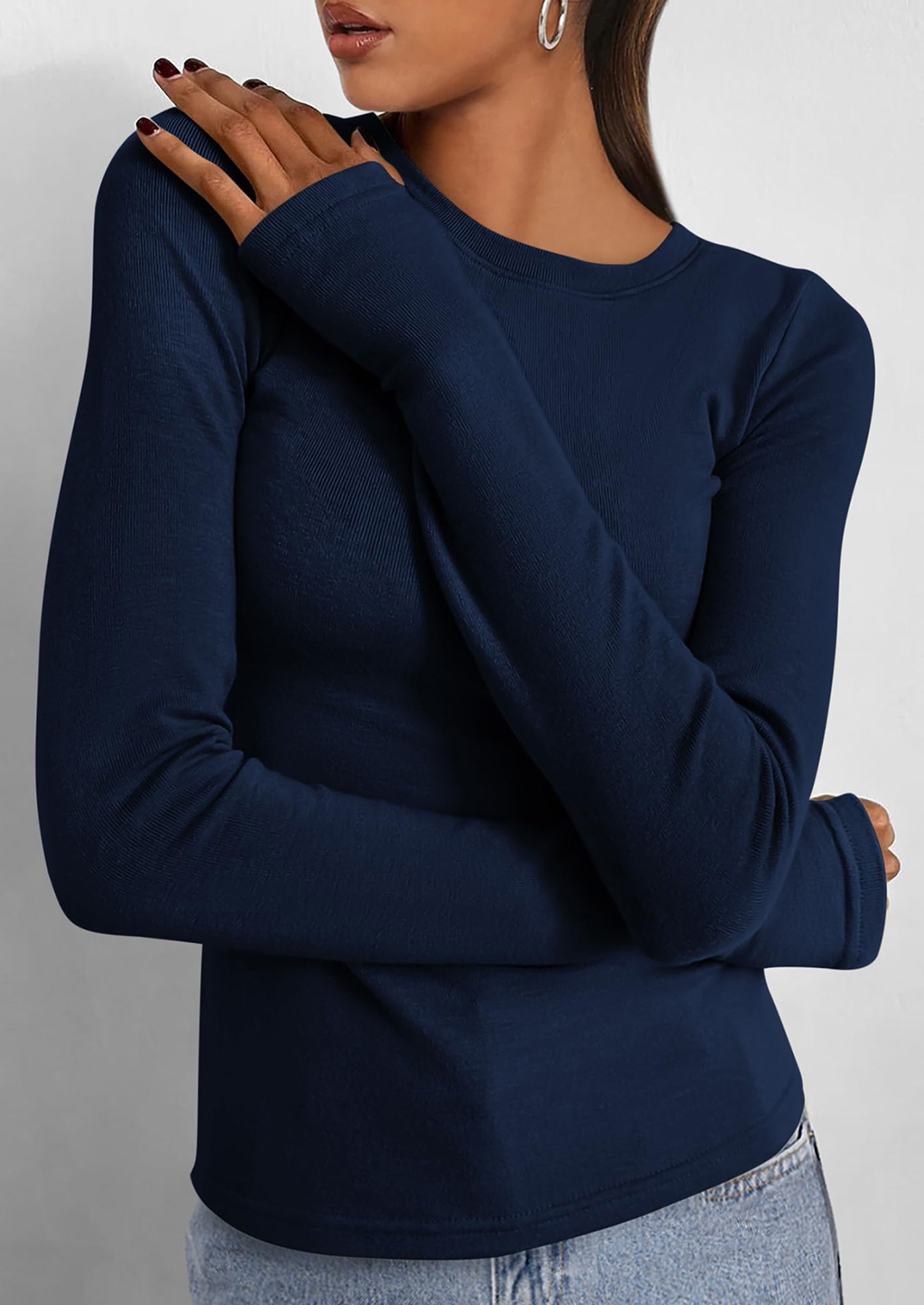 BTFBM Women's Casual Tops Spring Fall Outfits Long Sleeve Shirt Crewneck Workout Stretchy Slim Fit Going Out Top