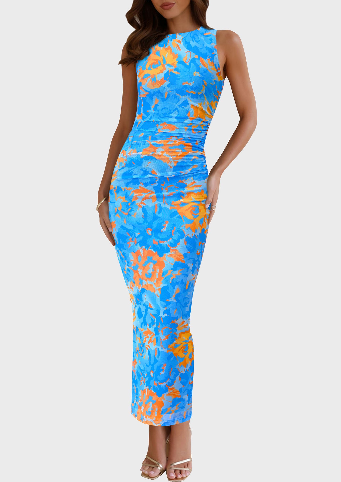 Wedding Guest Dresses for Women 2025 Summer Resort Wear Sexy Floral Bodycon Sleeveless Mesh Maxi Long Dress