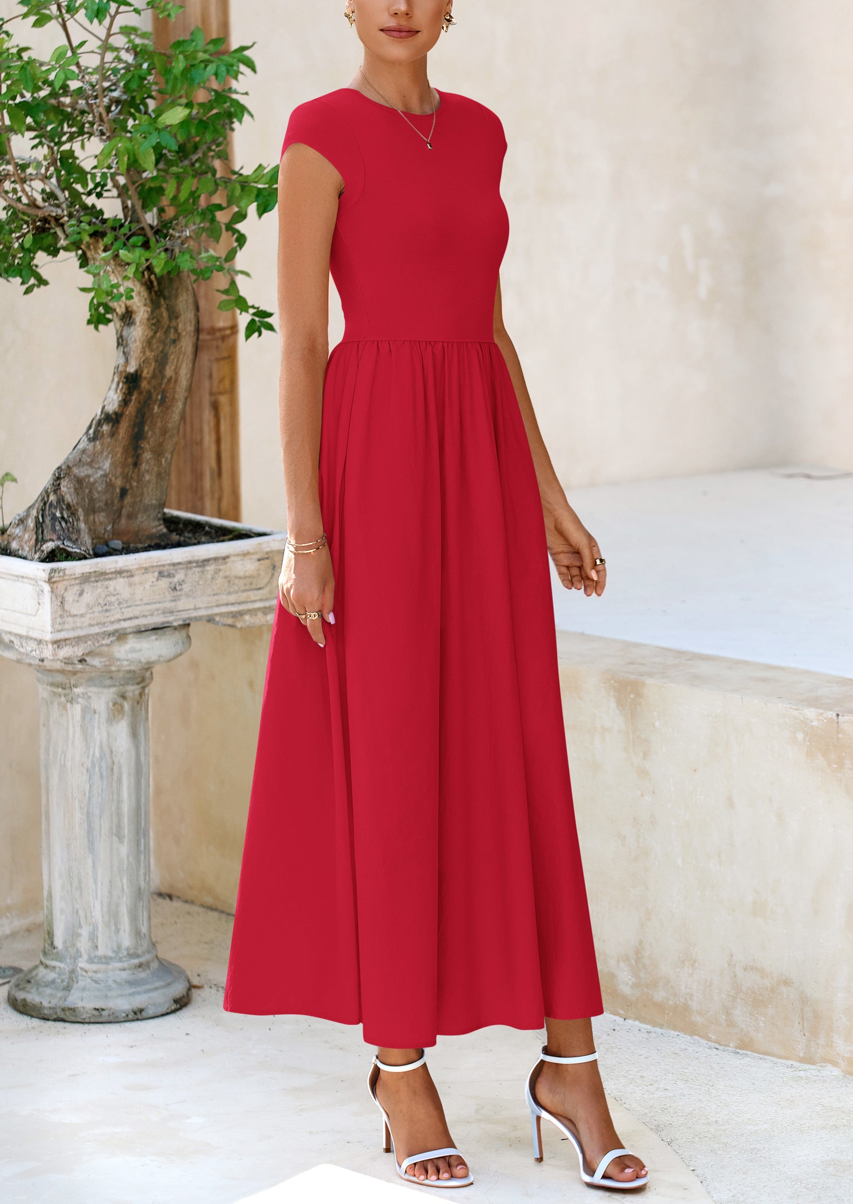 PRETTYGARDEN Women's Casual Long Dresses Cap Sleeve Patchwork A Line Flowy Modest Elegant Homecoming Maxi Dress