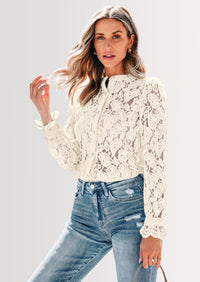 PRETTYGARDEN Women's Dressy Casual Lace Blouse Long Sleeve Button Up Shirts Tops Spring Fall Fashion Clothes