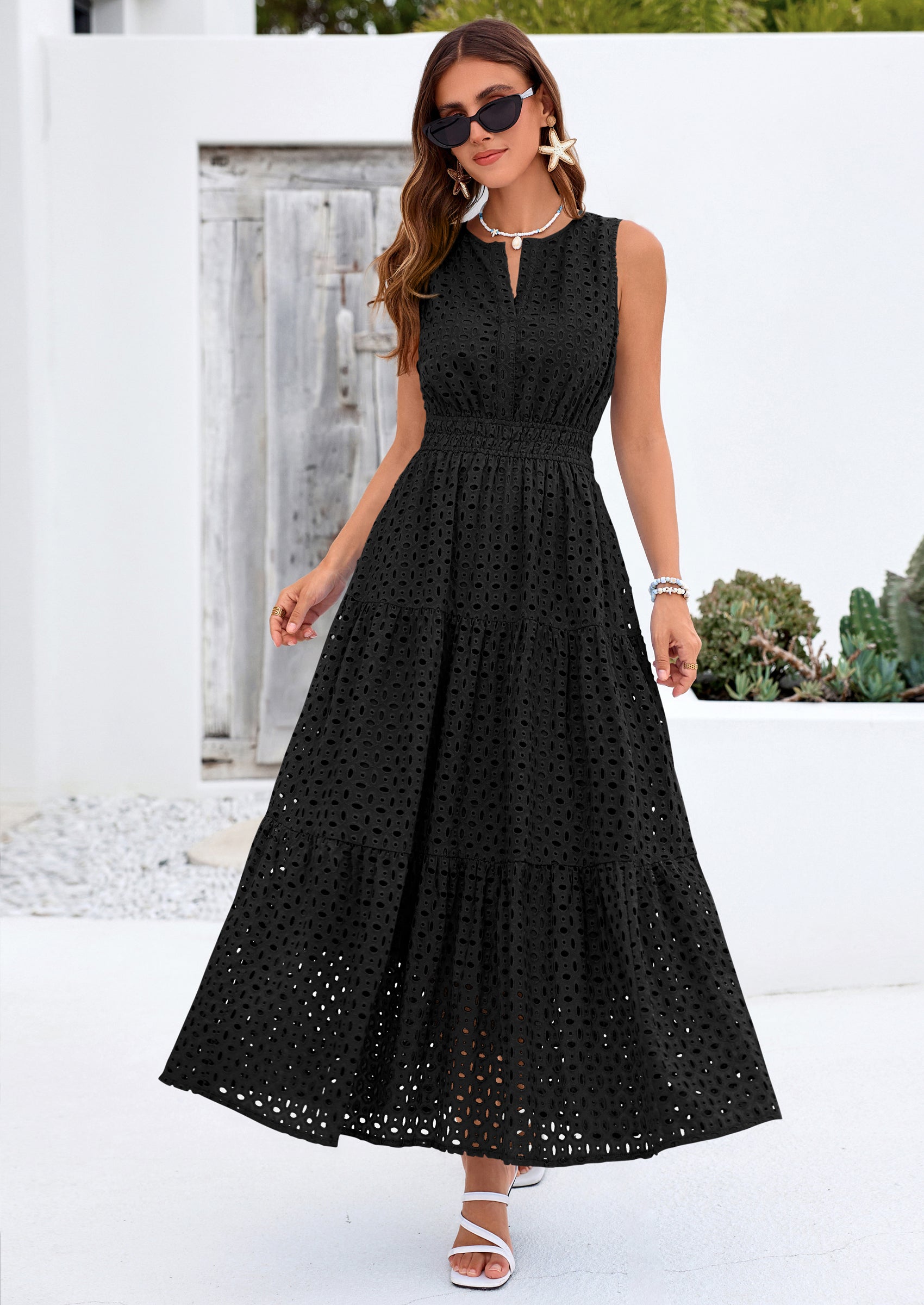 PRETTYGARDEN Summer Dresses for Women Sundresses Sleeveless V Neck Eyelet A Line Flowy Beach Vacation Spring Maxi Dress PRETTYGARDEN