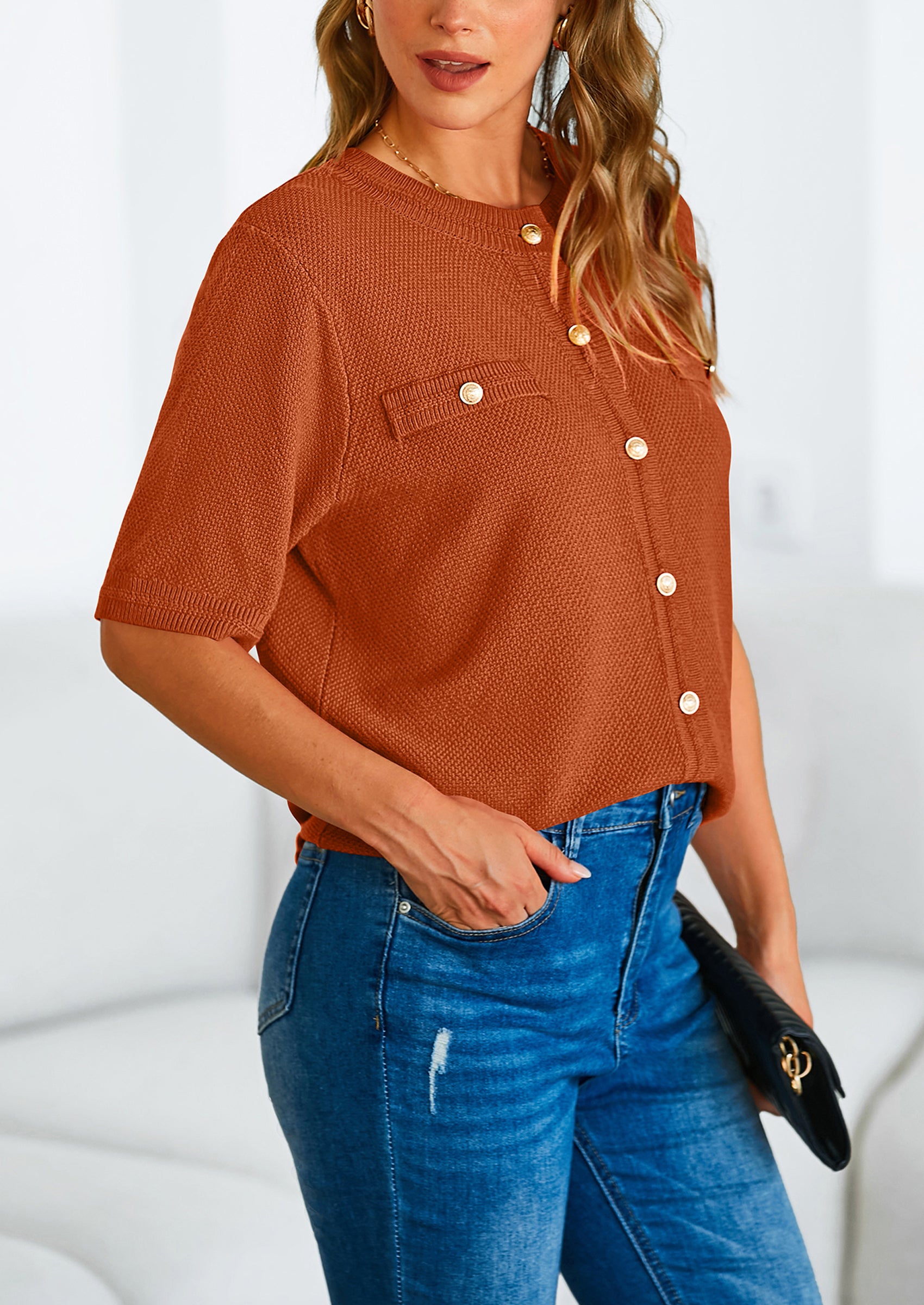 PRETTYGARDEN Women's Summer Button Down Shirts Casual Short Sleeve Crew Neck Ribbed Knit Blouse Top Cardigans