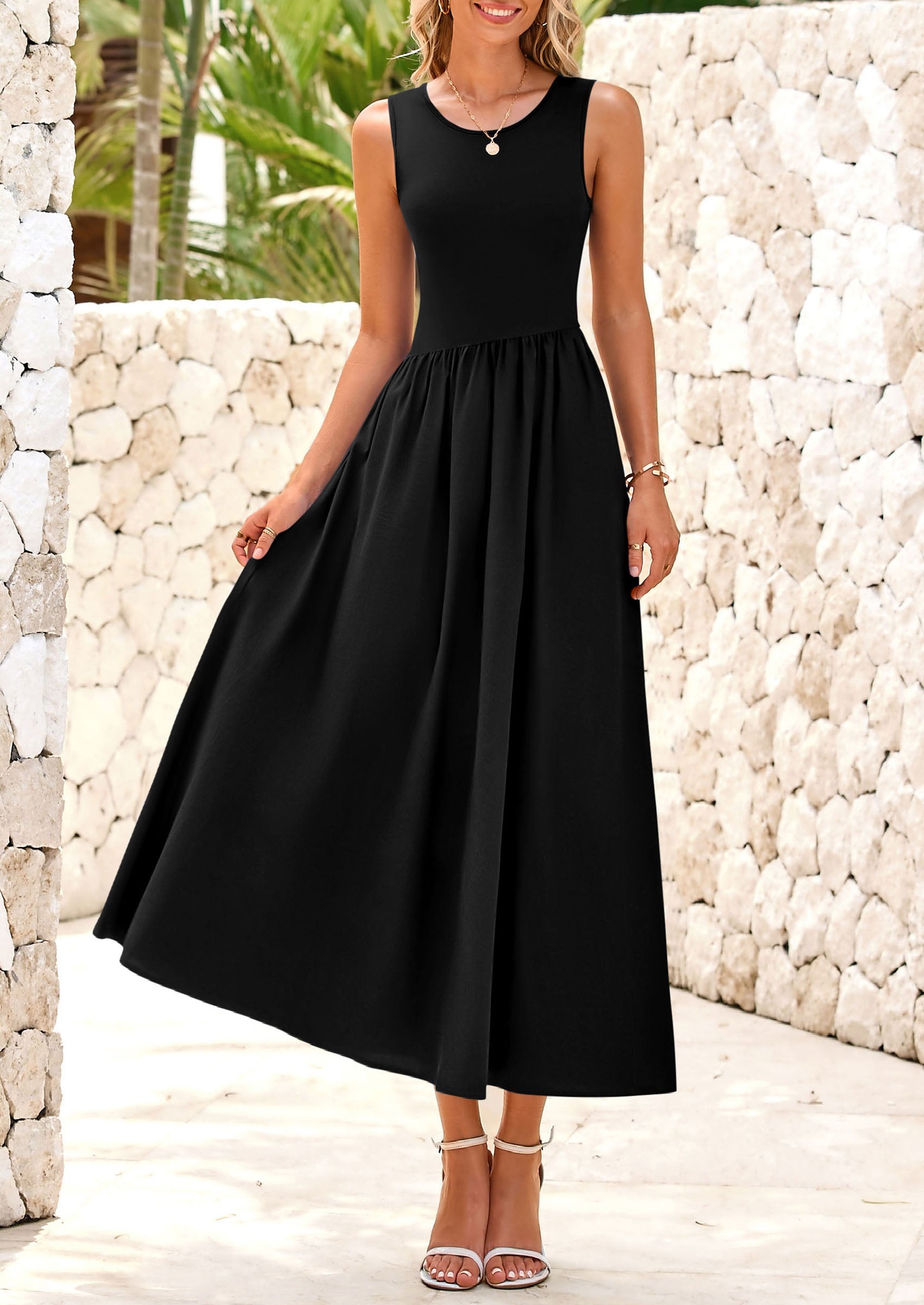 PRETTYGARDEN Women's Maxi Sundress Casual Summer Sleeveless Asymmetrical Drop Waist Patchwork Long Flowy Tank Dresses