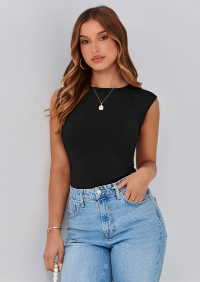 PRETTYGARDEN Women's Tank Tops 2025 Summer Casual Ribbed Cap Sleeve Slim Fitted Knit Basic Tee Shirts Trendy Fashion Clothes