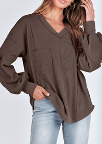 BTFBM Women's Ribbed Long Sleeve Tops Summer Spring Pullover Knit Casual V Neck Blouses Trendy Loose Fit Tunic Top