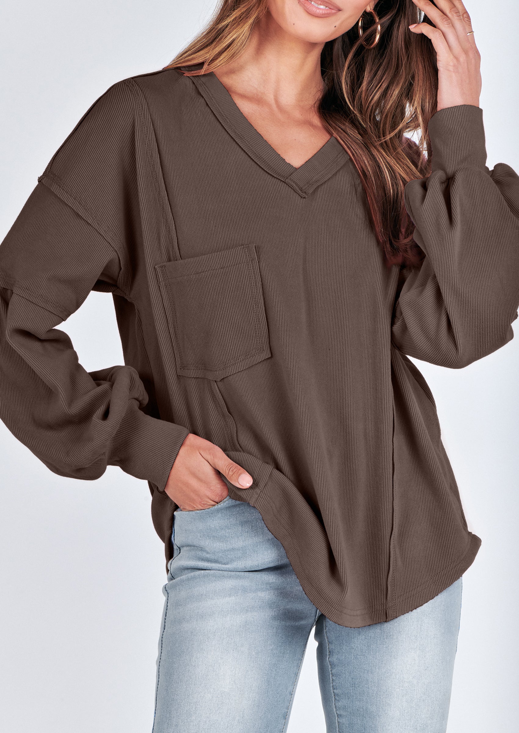 BTFBM Women's Ribbed Long Sleeve Tops Summer Spring Pullover Knit Casual V Neck Blouses Trendy Loose Fit Tunic Top