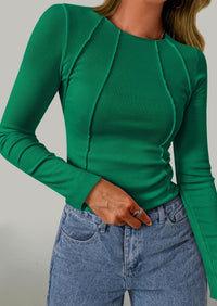 KIRUNDO Ribbed Long Sleeve Tops for Women Stretch Slim Basic Crop Tee Exposed Seams Spring Fall Fashion Trendy Tshirt