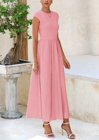 PRETTYGARDEN Women's Casual Long Dresses Cap Sleeve Patchwork A Line Flowy Modest Elegant Homecoming Maxi Dress