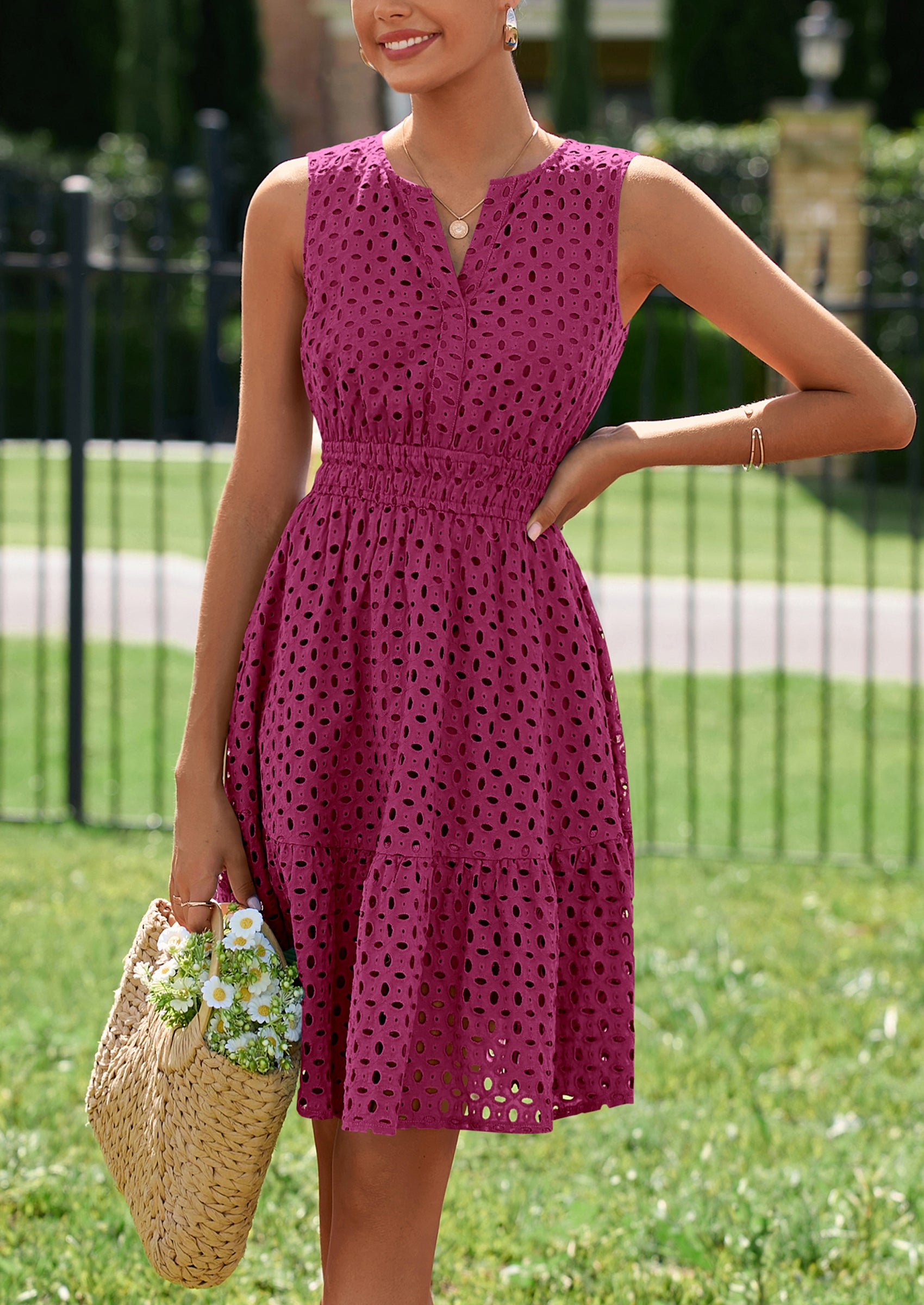 PRETTYGARDEN Women's Summer Dresses Sleeveless V Neck Eyelet Hollow Out Swing A Line Beach Vacation Sun Dress