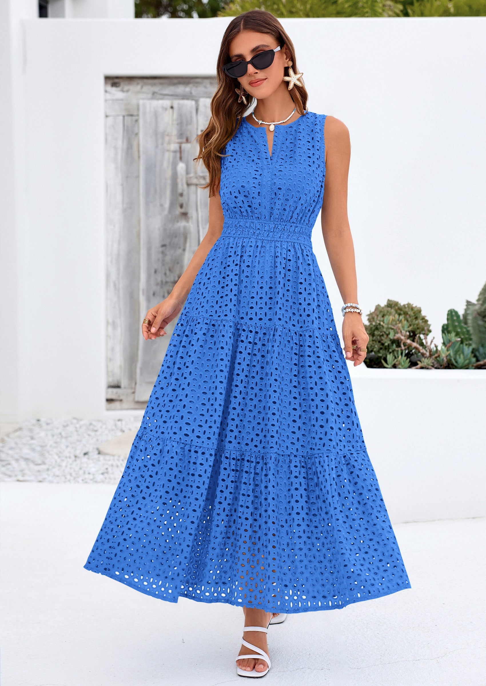 PRETTYGARDEN Summer Dresses for Women Sundresses Sleeveless V Neck Eyelet A Line Flowy Beach Vacation Spring Maxi Dress PRETTYGARDEN
