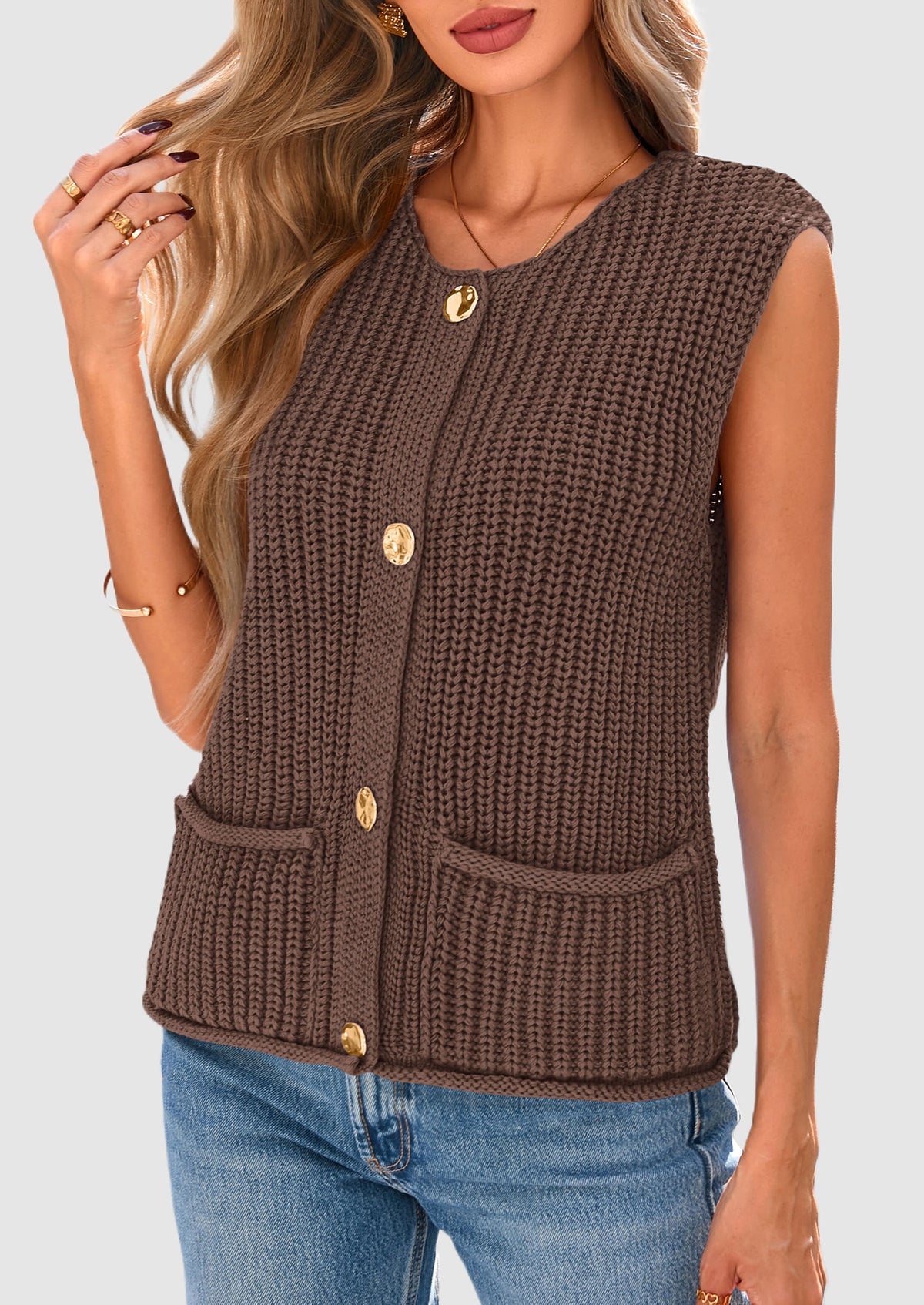 Sleeveless Button Down Cropped Chunky Knit Cardigan Trendy Tank Tops with Pockets