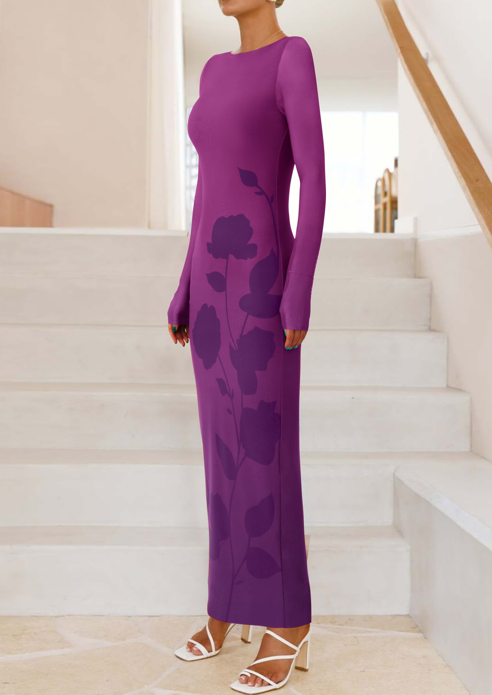 PRETTYGARDEN Bodycon Maxi Dress Fall Floral Long Sleeve Sexy Mesh Cocktail Wedding Guest Long Dresses